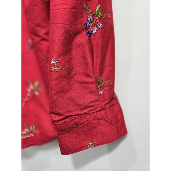 Vtg Neiman Marcus Top Women Red Button Up Shirt Silk Floral Embroidered Small - Picture 5 of 9